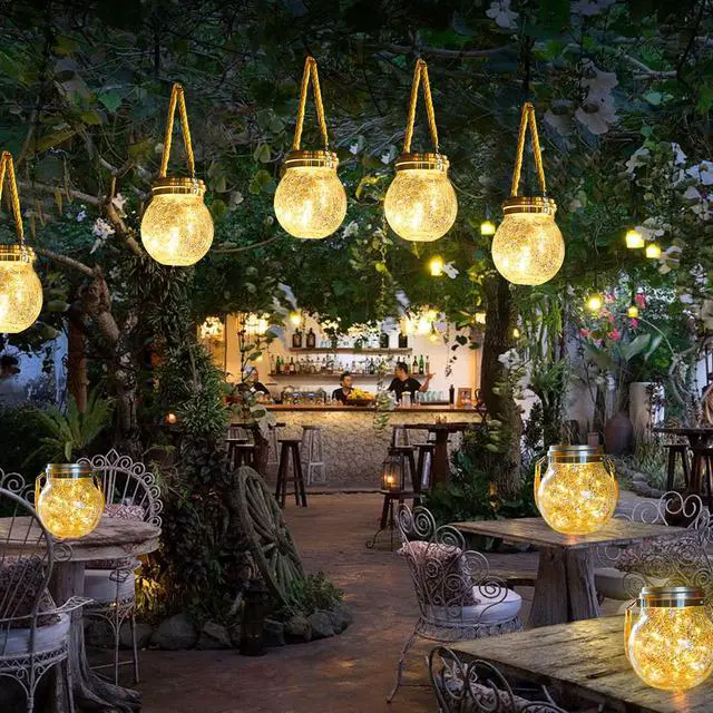 Alt view image 6 of 7 - Hanging Solar Lantern Lights, Outdoor Waterproof Cracked Glass Round Ball Lamp, Garden Globe Warm White LED Light for Landscape Walkway Backyard Patio Lawn Pathway Decoration(4.7inch)