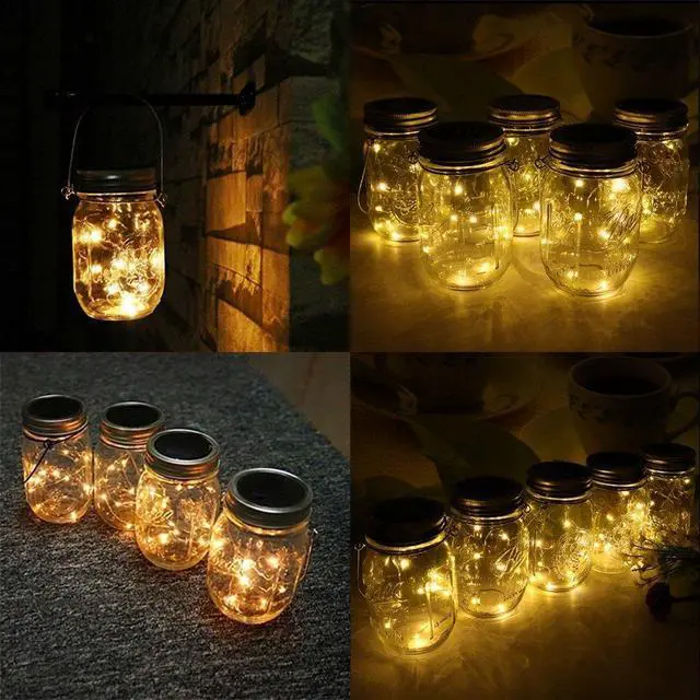 Alt view image 2 of 7 - 4-Pack Solar-powered Mason Jar Lights (Mason Jar / Handle Included),20 Bulbs Jar Hanging Light,Garden Outdoor Solar / Hanging Lantern,Decor Solar Light,Table Light,Patio Path Light,Warm White