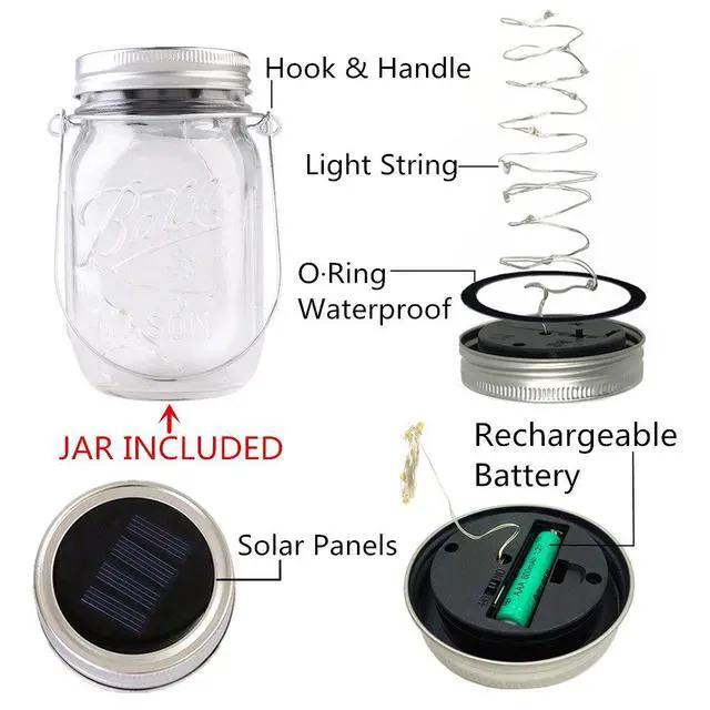 Alt view image 4 of 7 - 4-Pack Solar-powered Mason Jar Lights (Mason Jar / Handle Included),20 Bulbs Jar Hanging Light,Garden Outdoor Solar / Hanging Lantern,Decor Solar Light,Table Light,Patio Path Light,Warm White