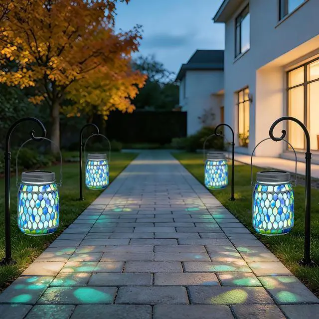 Alt view image 7 of 7 - Blue Mosaic Solar Lantern Outdoor, Waterproof Hanging Solar Light, Glass Jar Style Mosaic Lamp for Garden Patio Decor, Solar-Powered Pathway Night Light, Unique Gifts for Women Mom Grandma