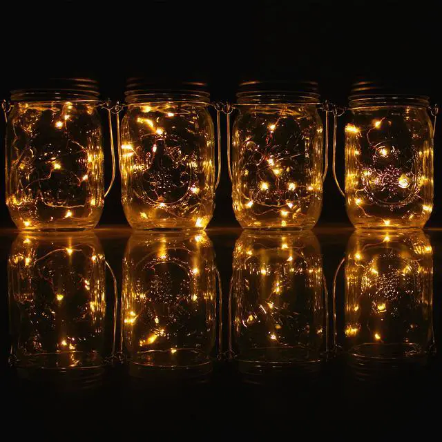 Alt view image 3 of 7 - 4-Pack Solar-powered Mason Jar Lights (Mason Jar / Handle Included),20 Bulbs Jar Hanging Light,Garden Outdoor Solar / Hanging Lantern,Decor Solar Light,Table Light,Patio Path Light,Warm White