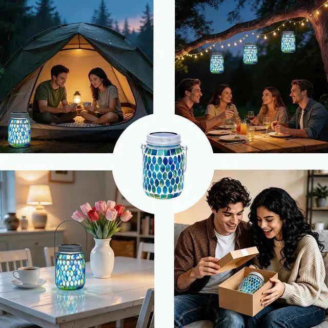 Alt view image 6 of 7 - Blue Mosaic Solar Lantern Outdoor, Waterproof Hanging Solar Light, Glass Jar Style Mosaic Lamp for Garden Patio Decor, Solar-Powered Pathway Night Light, Unique Gifts for Women Mom Grandma