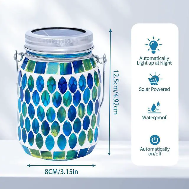 Alt view image 3 of 7 - Blue Mosaic Solar Lantern Outdoor, Waterproof Hanging Solar Light, Glass Jar Style Mosaic Lamp for Garden Patio Decor, Solar-Powered Pathway Night Light, Unique Gifts for Women Mom Grandma