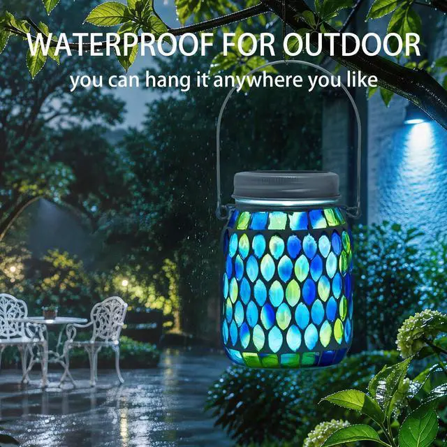 Alt view image 4 of 7 - Blue Mosaic Solar Lantern Outdoor, Waterproof Hanging Solar Light, Glass Jar Style Mosaic Lamp for Garden Patio Decor, Solar-Powered Pathway Night Light, Unique Gifts for Women Mom Grandma