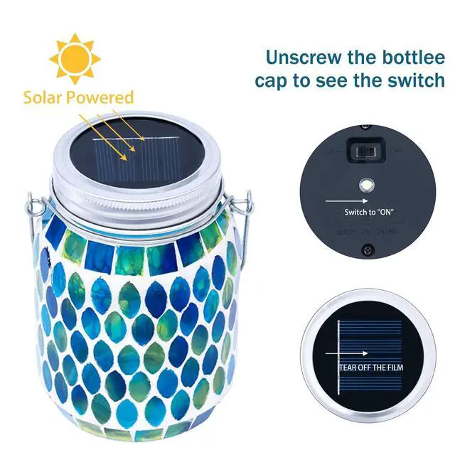 Alt view image 2 of 7 - Blue Mosaic Solar Lantern Outdoor, Waterproof Hanging Solar Light, Glass Jar Style Mosaic Lamp for Garden Patio Decor, Solar-Powered Pathway Night Light, Unique Gifts for Women Mom Grandma
