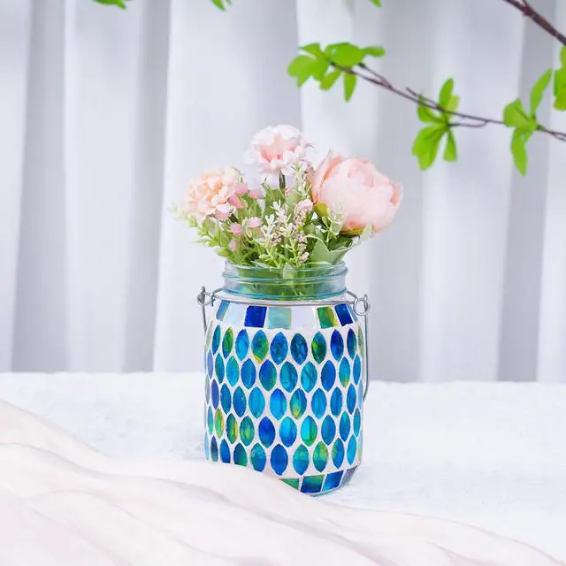 Alt view image 5 of 7 - Blue Mosaic Solar Lantern Outdoor, Waterproof Hanging Solar Light, Glass Jar Style Mosaic Lamp for Garden Patio Decor, Solar-Powered Pathway Night Light, Unique Gifts for Women Mom Grandma