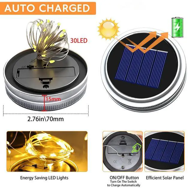 Alt view image 2 of 7 - 6 Pack Solar Mason Jar Lights for Outside, 30 LED Solar Mason Jar Lids Fairy Lights with 6 Hangers(No Jars) Outdoor Waterproof for DIY Patio Garden Yard Lawn Party Wedding Decoration Warm White