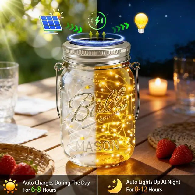 Alt view image 6 of 7 - 6 Pack Solar Mason Jar Lights for Outside, 30 LED Solar Mason Jar Lids Fairy Lights with 6 Hangers(No Jars) Outdoor Waterproof for DIY Patio Garden Yard Lawn Party Wedding Decoration Warm White
