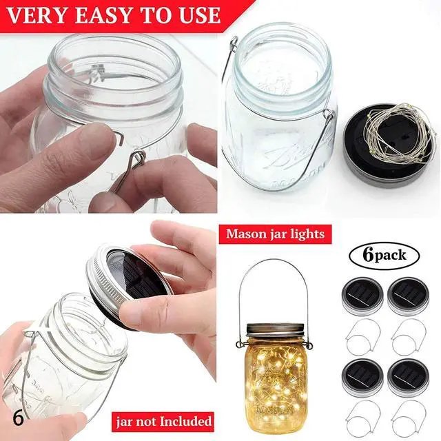 Alt view image 7 of 7 - 6 Pack Solar Mason Jar Lights for Outside, 30 LED Solar Mason Jar Lids Fairy Lights with 6 Hangers(No Jars) Outdoor Waterproof for DIY Patio Garden Yard Lawn Party Wedding Decoration Warm White