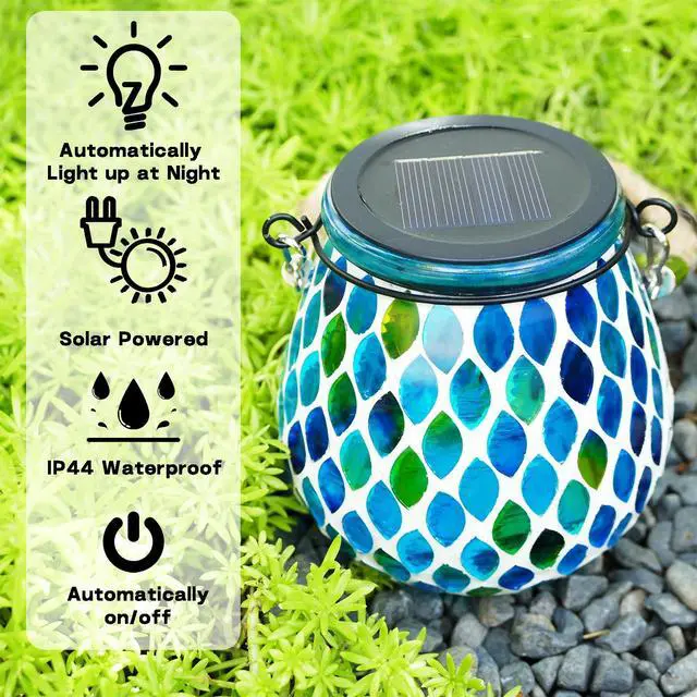 Alt view image 2 of 7 - Mosaic Blue Solar Lanterns, Outdoor Glass Hanging Lights, Waterproof, Solar Table Lamps, Christmas Gifts for Women Mom Grandma, Night Lights, Decoration for Garden, Patio, Yard, Party, Outdoor Decor