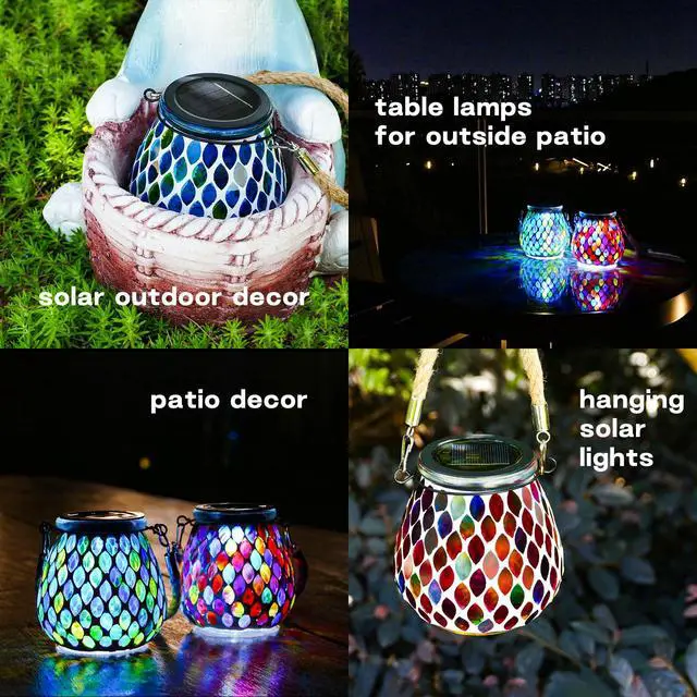 Alt view image 4 of 7 - Mosaic Blue Solar Lanterns, Outdoor Glass Hanging Lights, Waterproof, Solar Table Lamps, Christmas Gifts for Women Mom Grandma, Night Lights, Decoration for Garden, Patio, Yard, Party, Outdoor Decor