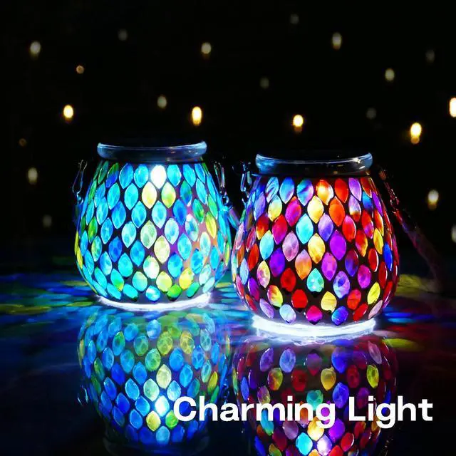 Alt view image 6 of 7 - Mosaic Blue Solar Lanterns, Outdoor Glass Hanging Lights, Waterproof, Solar Table Lamps, Christmas Gifts for Women Mom Grandma, Night Lights, Decoration for Garden, Patio, Yard, Party, Outdoor Decor