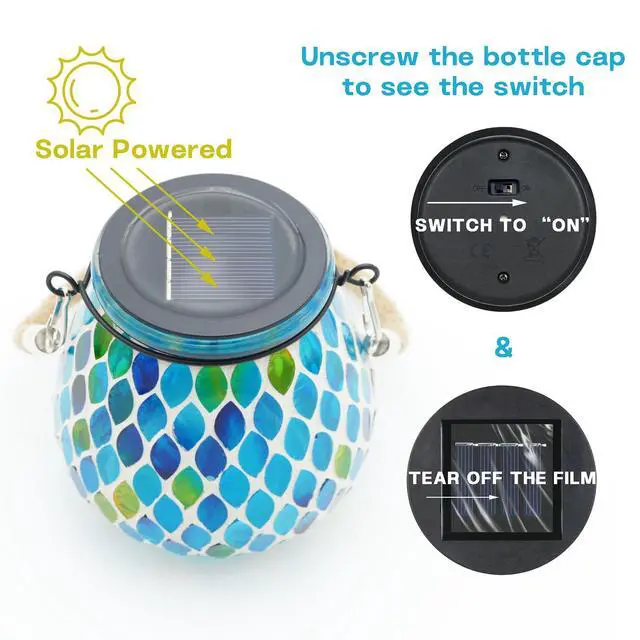Alt view image 7 of 7 - Mosaic Blue Solar Lanterns, Outdoor Glass Hanging Lights, Waterproof, Solar Table Lamps, Christmas Gifts for Women Mom Grandma, Night Lights, Decoration for Garden, Patio, Yard, Party, Outdoor Decor