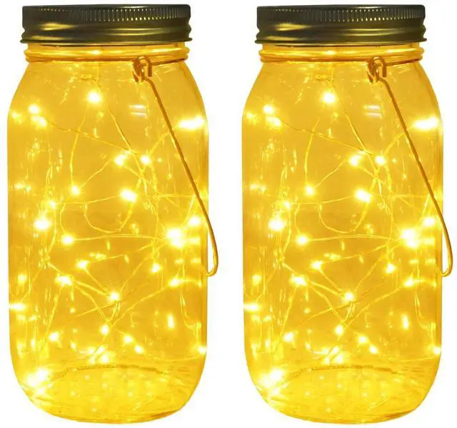 Main image of Solar Mason Jar Lights, Large Size Bigger Glass Mason Jar with 30 LEDs Fairy Firefly String Lights, Best Patio Yard Desktop Party Decor Outdoor Solar Hanging Lanterns (2-Pack)