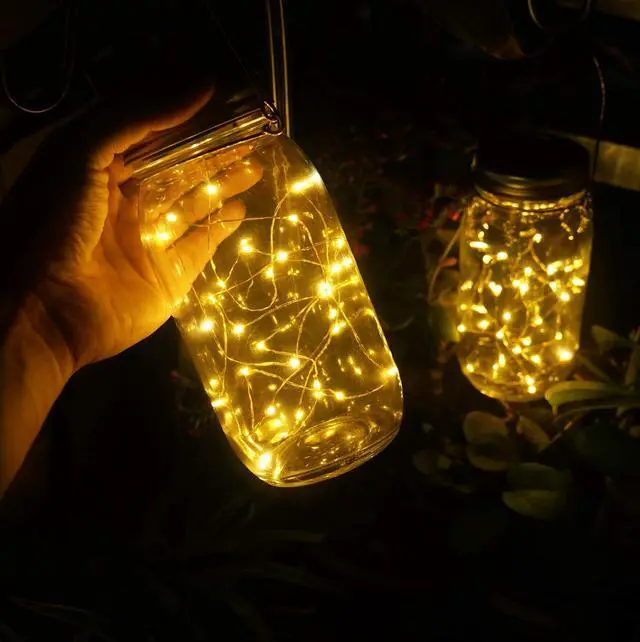 Alt view image 3 of 7 - Solar Mason Jar Lights, Large Size Bigger Glass Mason Jar with 30 LEDs Fairy Firefly String Lights, Best Patio Yard Desktop Party Decor Outdoor Solar Hanging Lanterns (2-Pack)