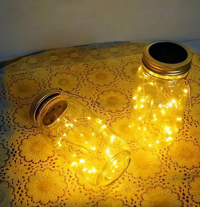 Alt view image 7 of 7 - Solar Mason Jar Lights, Large Size Bigger Glass Mason Jar with 30 LEDs Fairy Firefly String Lights, Best Patio Yard Desktop Party Decor Outdoor Solar Hanging Lanterns (2-Pack)