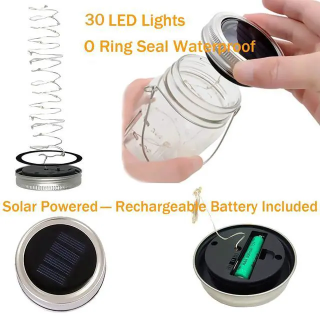 Alt view image 4 of 7 - Solar Mason Jar Lights,4 Pack 30 Led Starry Fairy String Hanging Jar Lights,Solar Lanterns for Outdoor Patio Party Garden Wedding Halloween Christmas Projector Decor Light(Mason Jars/Handles Included)