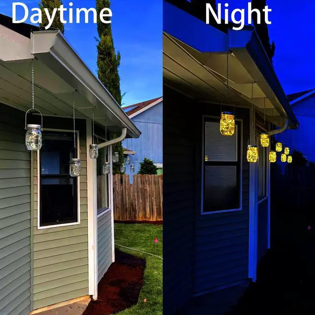 Alt view image 6 of 7 - Solar Mason Jar Lights,4 Pack 30 Led Starry Fairy String Hanging Jar Lights,Solar Lanterns for Outdoor Patio Party Garden Wedding Halloween Christmas Projector Decor Light(Mason Jars/Handles Included)
