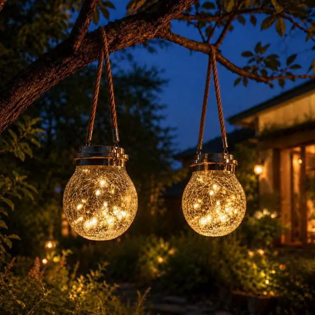 Main image of Warm White Solar Lanterns, 2 Pack Cracked Glass Hanging Lights