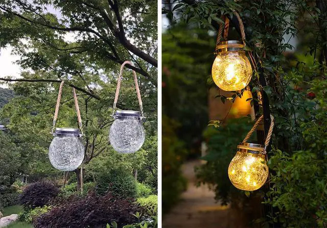 Alt view image 2 of 4 - 2 Pack Hanging Solar Powered LED Lights,Cracked Glass Ball Light, Waterproof Outdoor Christmas Decorative Lantern for Garden, Yard, Patio, Lawn(Warm White)