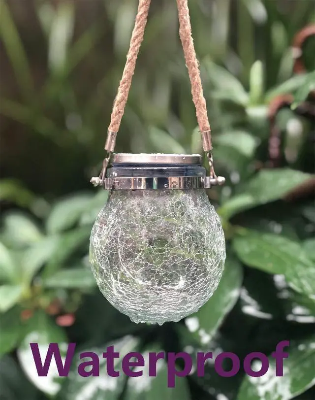 Alt view image 4 of 4 - 2 Pack Hanging Solar Powered LED Lights,Cracked Glass Ball Light, Waterproof Outdoor Christmas Decorative Lantern for Garden, Yard, Patio, Lawn(Warm White)