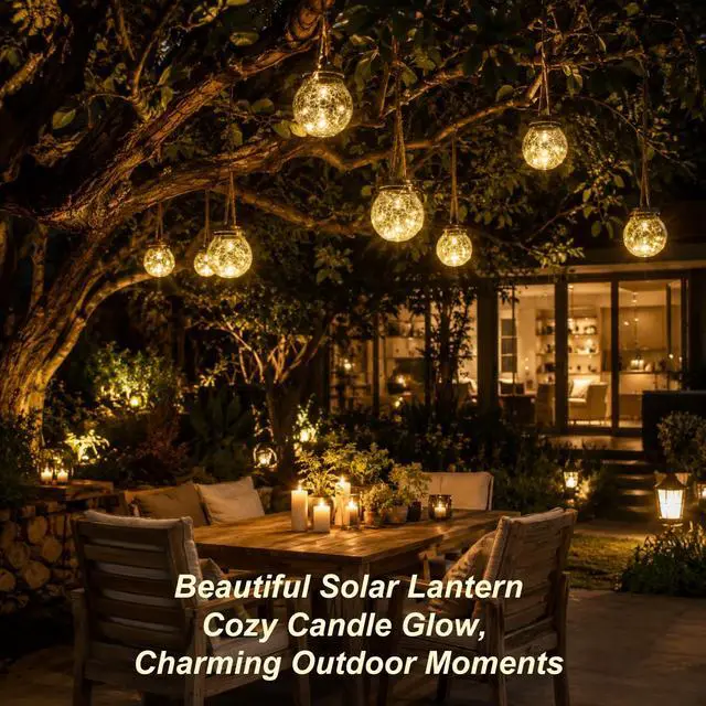 Alt view image 2 of 7 - Warm White Solar Lanterns, 2 Pack Cracked Glass Hanging Lights