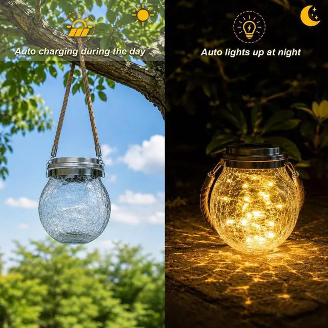 Alt view image 4 of 7 - Warm White Solar Lanterns, 2 Pack Cracked Glass Hanging Lights