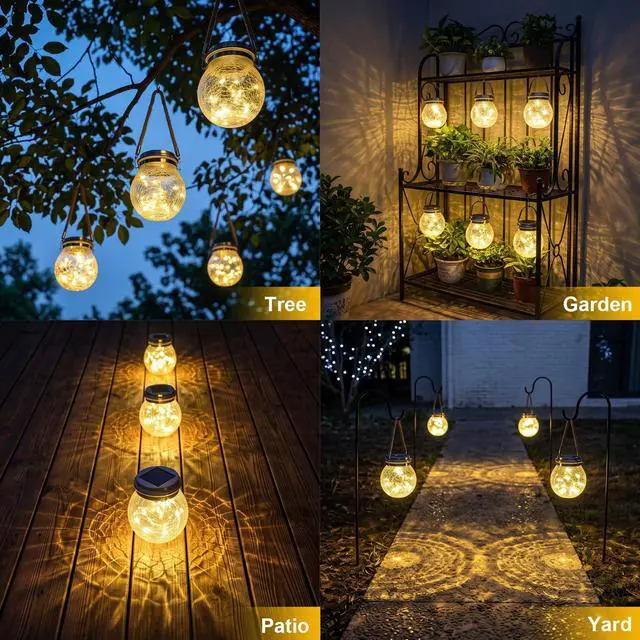Alt view image 6 of 7 - Warm White Solar Lanterns, 2 Pack Cracked Glass Hanging Lights