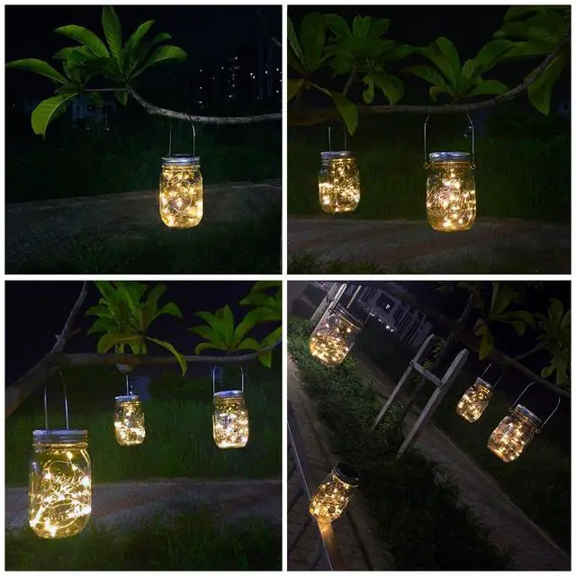Alt view image 4 of 7 - Solar Mason Jar Lights, 4 Pack 30 LEDs Waterproof Fairy Firefly String Lights Build-in Glass Mason Jar, Best Patio Garden Decor Solar Hanging Lanterns Outdoor Warm White (4 Pack-Mason Jars Included)