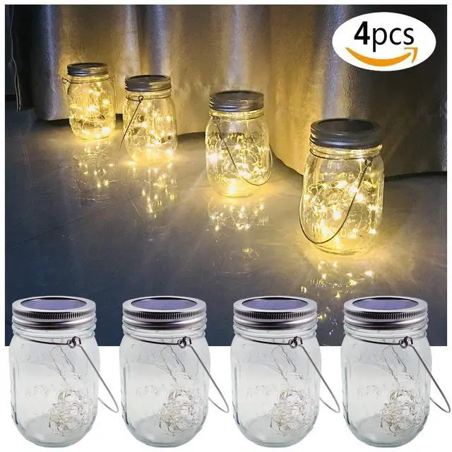 Alt view image 2 of 7 - Solar Mason Jar Lights, 4 Pack 30 LEDs Waterproof Fairy Firefly String Lights Build-in Glass Mason Jar, Best Patio Garden Decor Solar Hanging Lanterns Outdoor Warm White (4 Pack-Mason Jars Included)