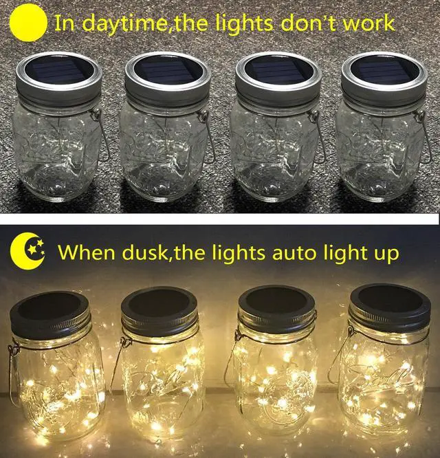 Alt view image 7 of 7 - Solar Mason Jar Lights, 4 Pack 30 LEDs Waterproof Fairy Firefly String Lights Build-in Glass Mason Jar, Best Patio Garden Decor Solar Hanging Lanterns Outdoor Warm White (4 Pack-Mason Jars Included)