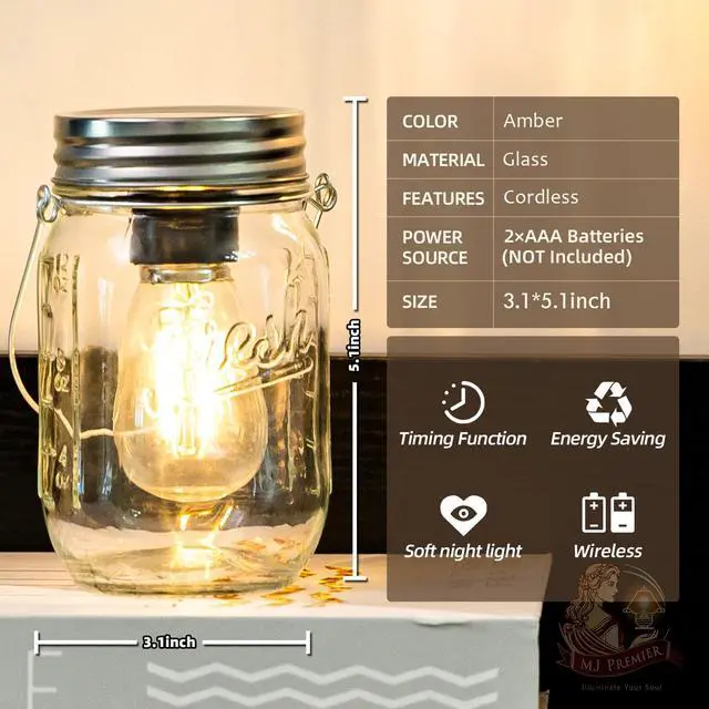 Alt view image 2 of 7 - 2 Pack Cordless Hanging Mason Jar LED Lanterns, Battery Operated Vintage Decor Lamp with 6H Auto Timer, Warm Farmhouse Lights for Indoor Outdoor Bedroom Patio Birthday Party Transparent