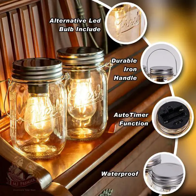 Alt view image 4 of 7 - 2 Pack Cordless Hanging Mason Jar LED Lanterns, Battery Operated Vintage Decor Lamp with 6H Auto Timer, Warm Farmhouse Lights for Indoor Outdoor Bedroom Patio Birthday Party Transparent