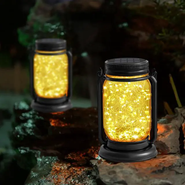 Alt view image 7 of 7 - 4Pack Hanging Solar Lantern,Vintage Glass Mason Jar Solar Fairy Lights