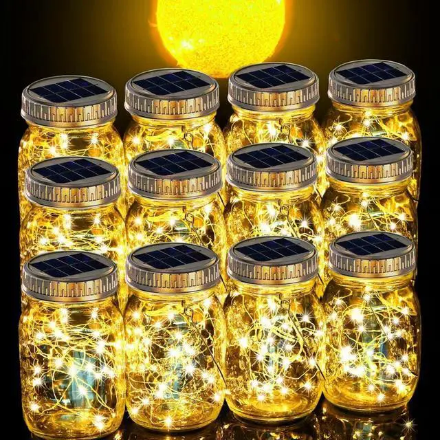 Main image of 12 Pack Gifts for Him Her Solar Lanterns Outdoor Waterproof Upgraded Crystal Glass Solar Mason Jar Lights 30 LED 215% Larger SolarPanelJust a Little More,Get Double The Delight-Warm White