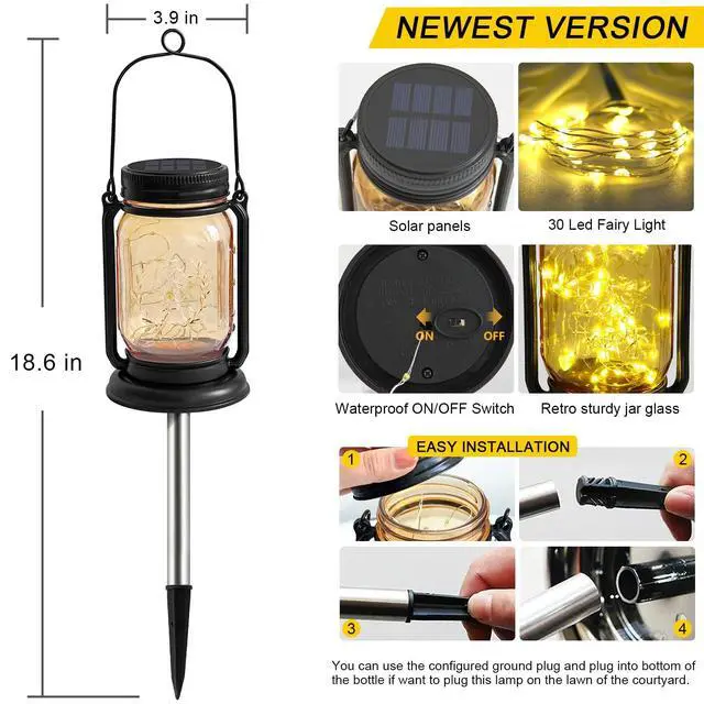 Alt view image 4 of 7 - 4Pack Hanging Solar Lantern,Vintage Glass Mason Jar Solar Fairy Lights