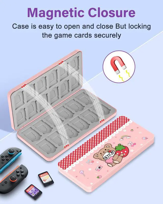 Alt view image 4 of 6 - Switch Game Case for Nintendo Switch 2 / Switch / OLED / Lite - Cute Portable Storage Holder with 24 Game Card Slots and 24 Micro SD Cards Cartoon Cartridge for Girls Kids, Bear Strawberry