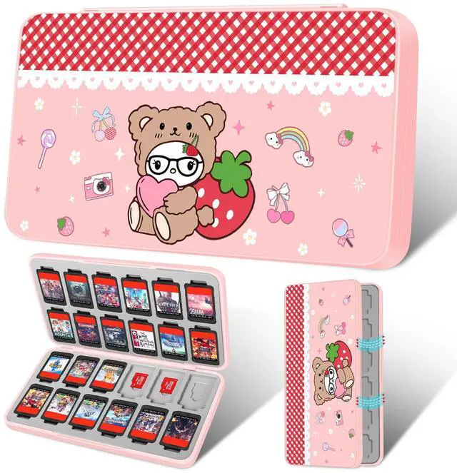 Main image of Switch Game Case for Nintendo Switch 2 / Switch / OLED / Lite - Cute Portable Storage Holder with 24 Game Card Slots and 24 Micro SD Cards Cartoon Cartridge for Girls Kids, Bear Strawberry