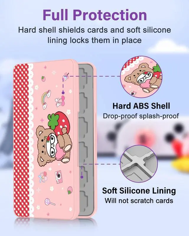 Alt view image 5 of 6 - Switch Game Case for Nintendo Switch 2 / Switch / OLED / Lite - Cute Portable Storage Holder with 24 Game Card Slots and 24 Micro SD Cards Cartoon Cartridge for Girls Kids, Bear Strawberry
