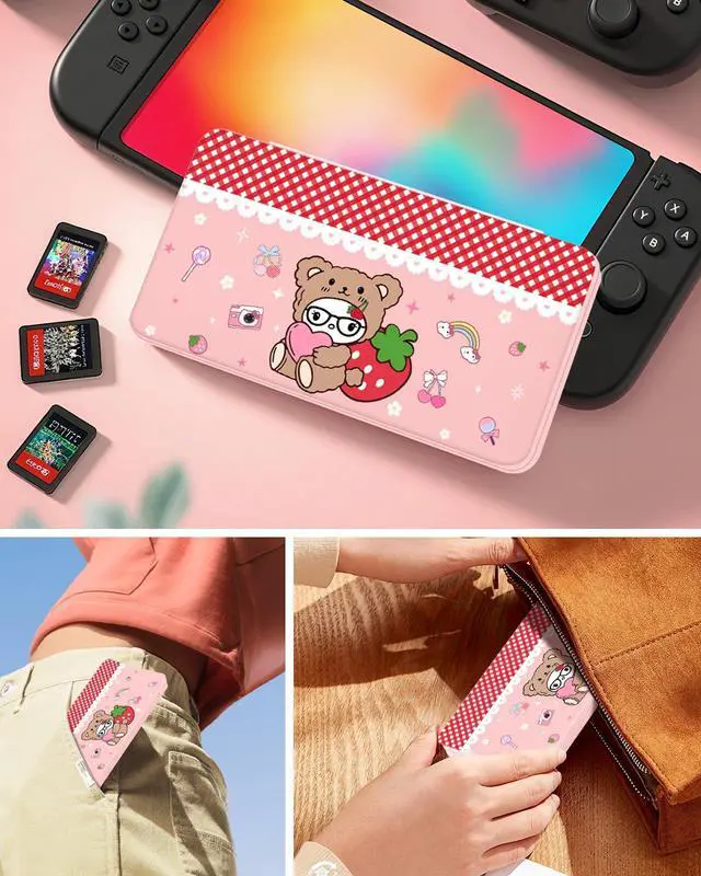 Alt view image 6 of 6 - Switch Game Case for Nintendo Switch 2 / Switch / OLED / Lite - Cute Portable Storage Holder with 24 Game Card Slots and 24 Micro SD Cards Cartoon Cartridge for Girls Kids, Bear Strawberry