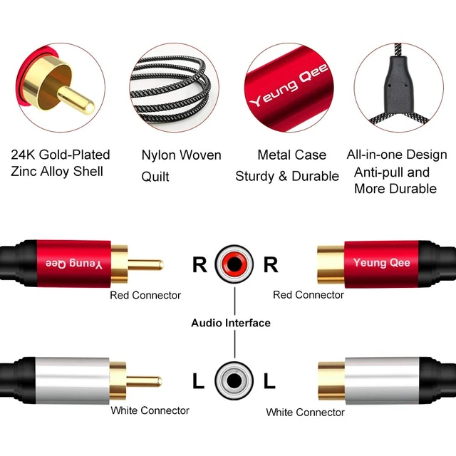 Alt view image 3 of 6 - 2RCA Male to 2RCA Female Extension Cable 20 ft, 2 RCA Extension Cable Nylon Braid 2 RCA Male to 2 RCA Female Stereo Audio Extension Cord (20FT/6M)