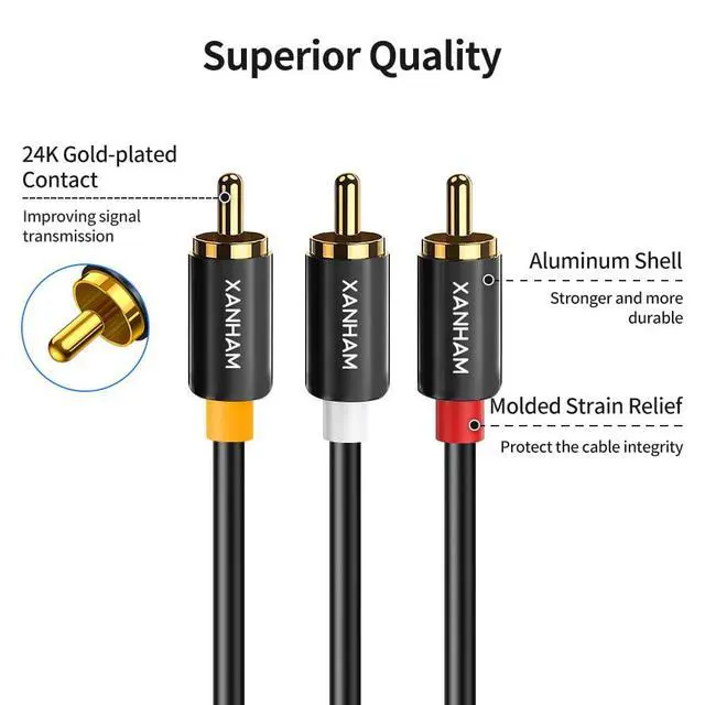 Alt view image 4 of 7 - 3RCA to 3RCA Cable 3.3 Feet Gold-Plated Contacts 3 RCA Male to Male Audio Cable for Speaker, Hi-Fi Systems, Home Theater, HDTV, etc.