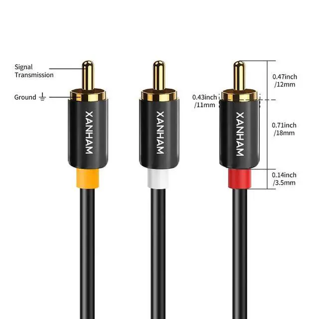 Alt view image 7 of 7 - 3RCA to 3RCA Cable 3.3 Feet Gold-Plated Contacts 3 RCA Male to Male Audio Cable for Speaker, Hi-Fi Systems, Home Theater, HDTV, etc.