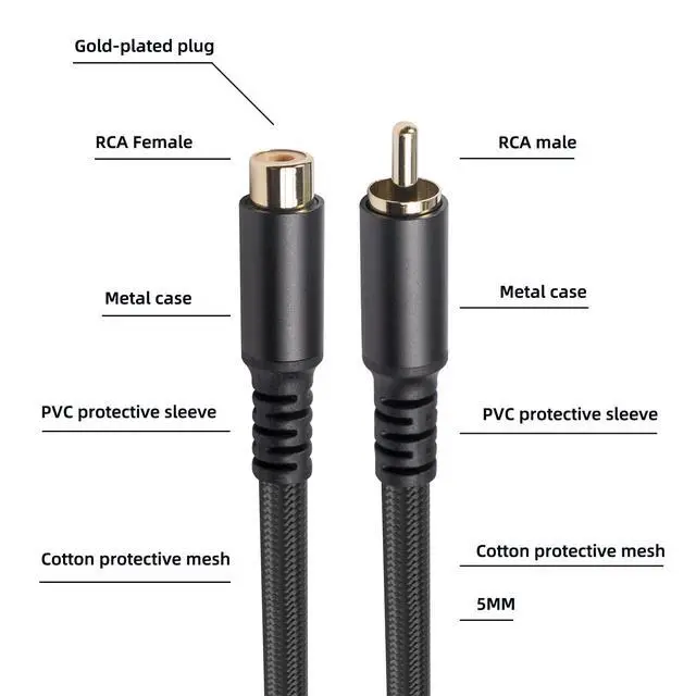 Alt view image 2 of 7 - RCA Extension Audio Cable Male to Famale, RCA Stereo Audio Cable Hi-Fi Sound Gold Plated Copper Shell Nylon-Braided(10 Feet)