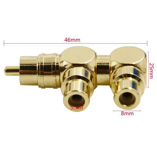 Alt view image 3 of 4 - 2PCS RCA Splitter Adapter Male to Two Female Right Angle Plug Audio Video Connector Copper Gold Plated AV Splitter