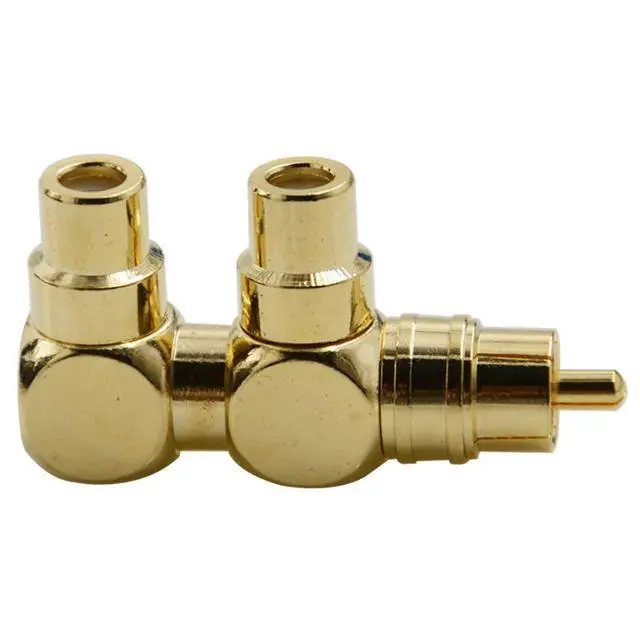 Alt view image 4 of 4 - 2PCS RCA Splitter Adapter Male to Two Female Right Angle Plug Audio Video Connector Copper Gold Plated AV Splitter