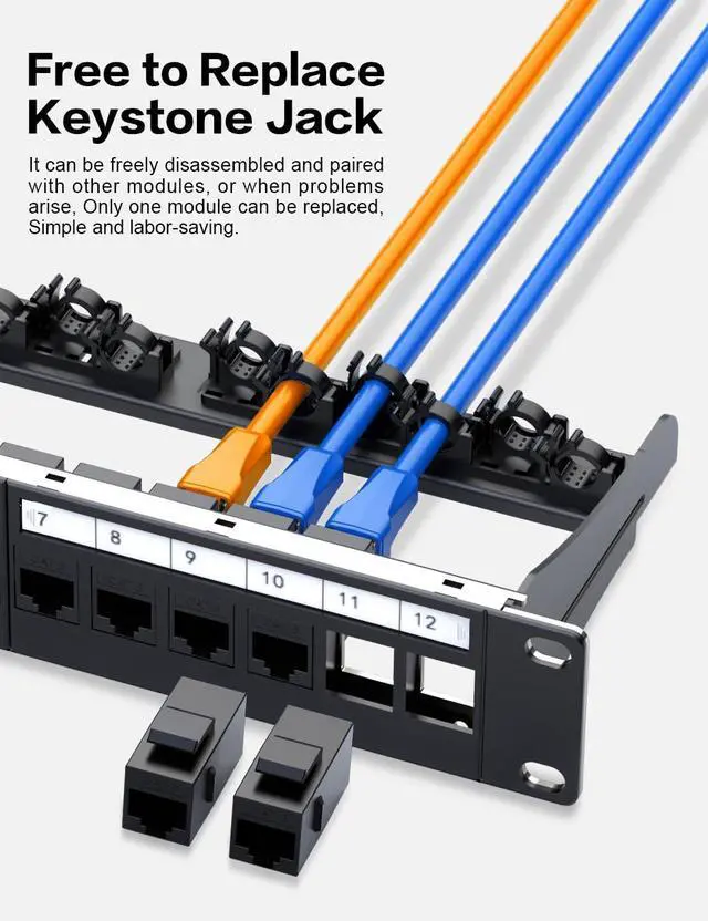 Alt view image 4 of 7 - 1U 12 Port Patch Panel Cat6 Keystone Patch Panel (EC Listed) RJ45 UTP with Smart Cable Management for 10 Inch Rackmount