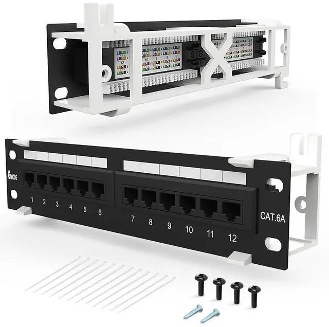 Main image of 12 Port Patch Panel CAT6A Patch Panel(EC Listed) Wall Mount or Rack Mount 10inch Bracket Included and Ethernet Patch Panel Punch Down UTP for Cat6A,Cat6, Cat5e, Cat5 Cabling