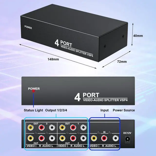 Alt view image 5 of 6 - 3-RCA Splitter 1 in 4 Out Composite AV Distribution Box 4-Way w/Power