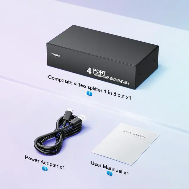 Alt view image 6 of 6 - 3-RCA Splitter 1 in 4 Out Composite AV Distribution Box 4-Way w/Power